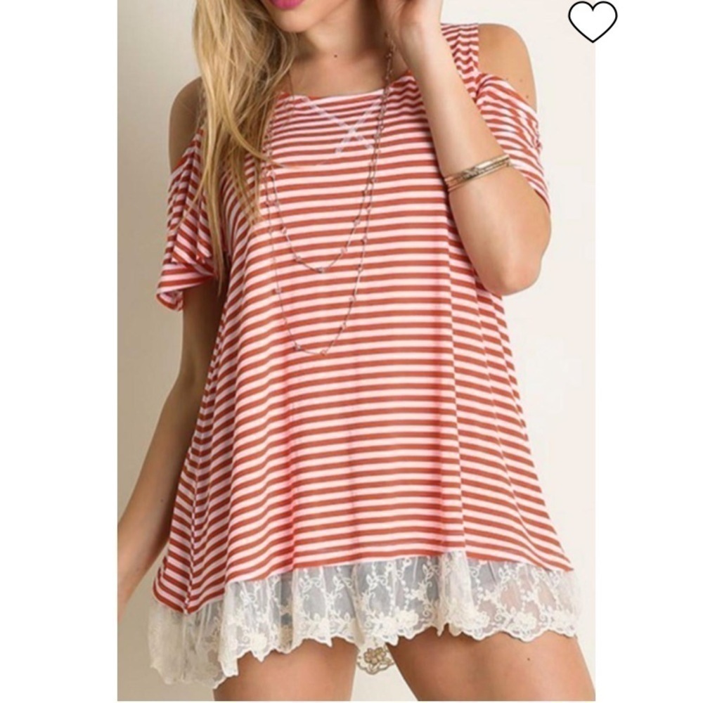 Umgee Womens Scoop Neck Cold Shoulder Sleeve Pink & White Stripe Top Wit…
